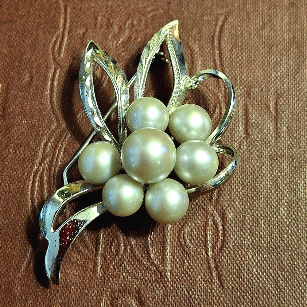 Vintage Sterling Silver & Pearl Brooch Floral Leaf Pin 2" Excellent